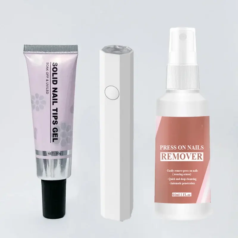 3-in-1 Nagelkleber Set für Press-On Nägel | 30 ml Gelkleber + Kleberentferner + UV-Nagellampe | Für Nail Tips & Nail Art