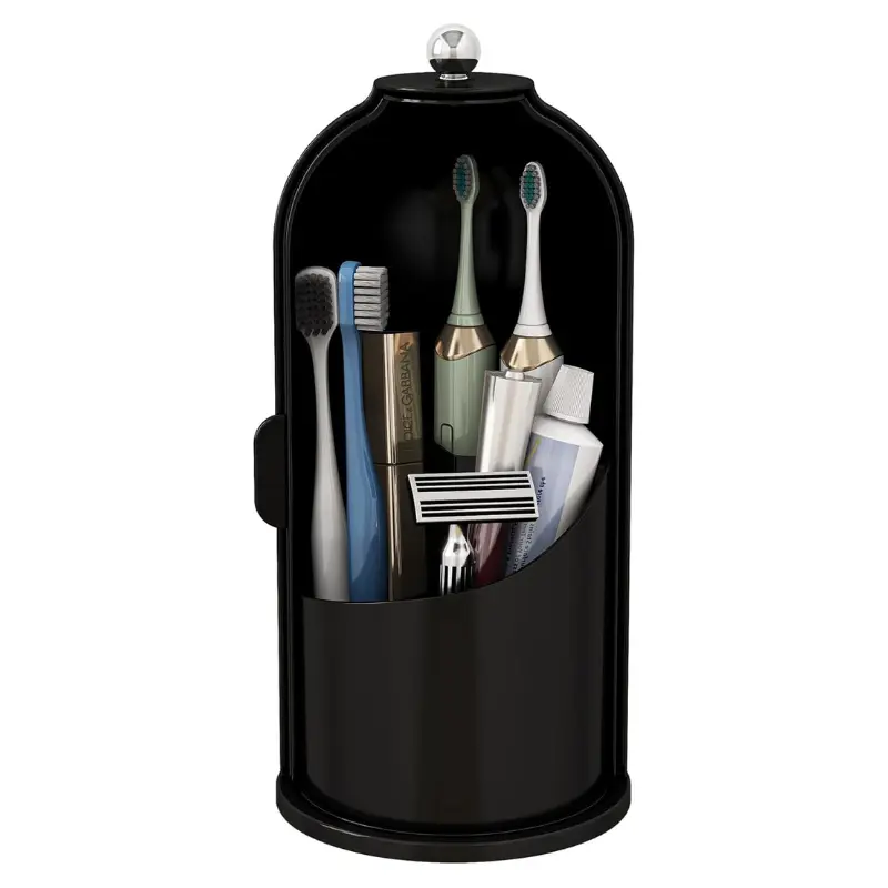 360° Drehbarer Bad Organizer mit Staubschutzdeckel | Kosmetik- & Zahnbürstenhalter mit 3 Fächern | Badezimmer Aufbewahrung 27 × 13 × 27 cm