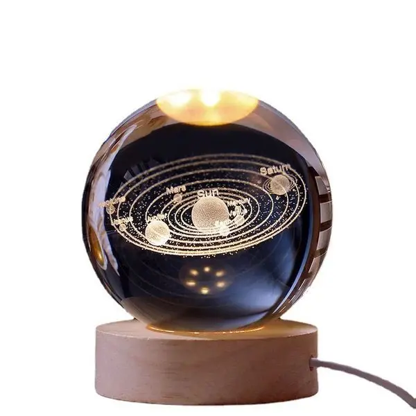 3D Kristallkugel Sonnensystem | Lasergravur | Optional mit LED-Lichtbasis & Geschenkbox