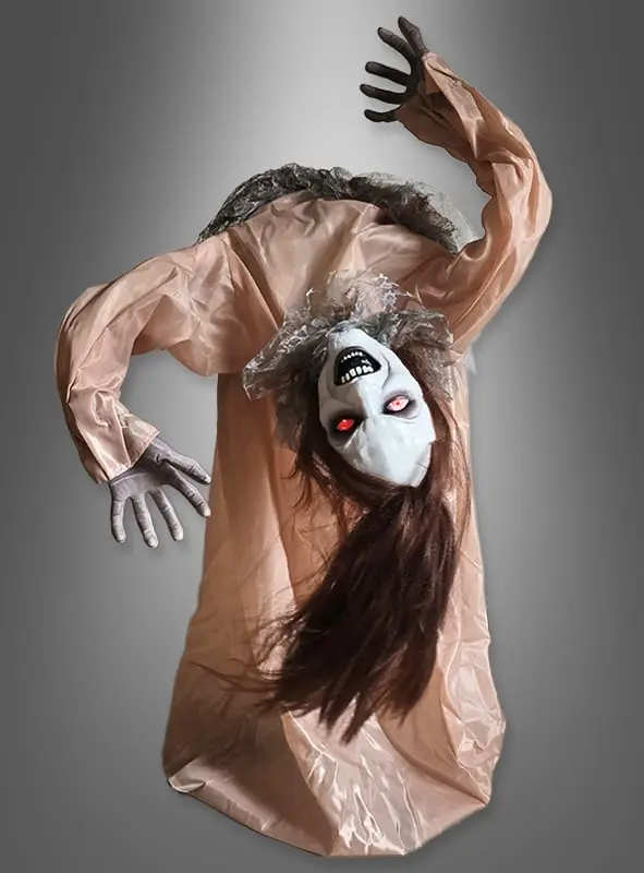 Animierte Geisterfigur 115 cm | Halloween Geisterfrau mit Bewegung, rot blinkenden Augen, Sound und Geräuschsensor für Indoor