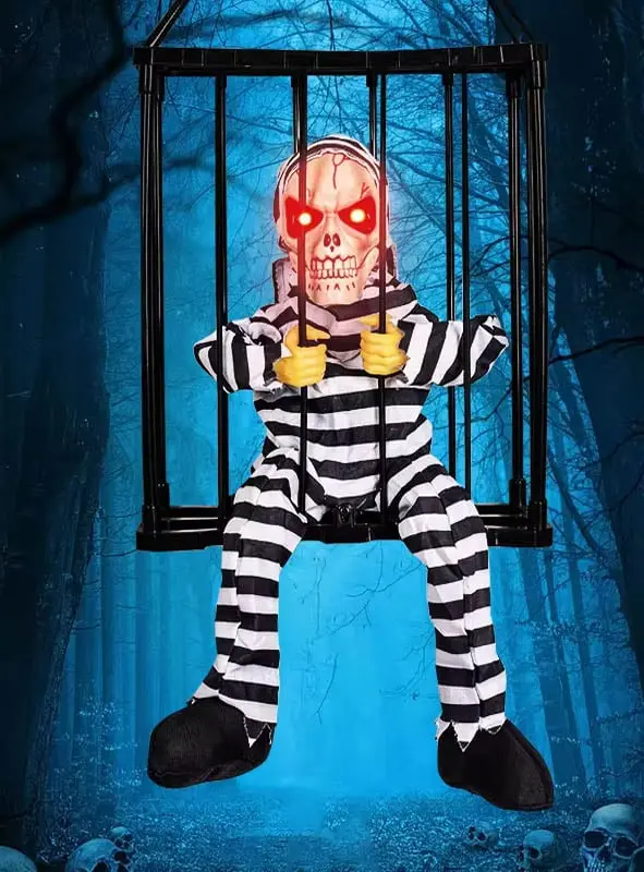 Animierte Halloween Figur im Käfig 27 cm | Mit Bewegung, Sound und Sensor | Batteriebetriebene Horror Deko zum Aufhängen