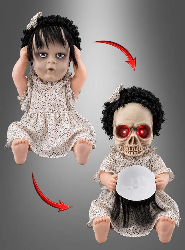 Animierte Horrorpuppe 40 cm mit zwei Gesichtern | Halloween Deko mit Totenschädel, roten Leuchtaugen, Bewegung und Sound