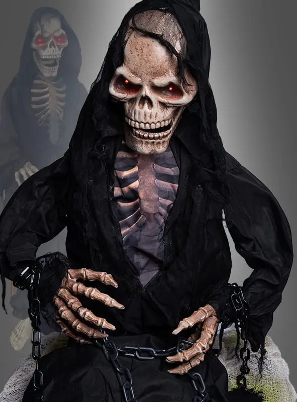 Animierter Reaper 115 cm sitzend | Halloween Skelett mit beweglichem Kopf, roten Leuchtaugen, Sound und beweglichem Kiefer