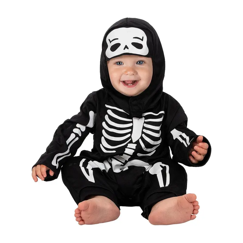 Baby Skelett Kostüm Schwarz Weiß | Halloween Jumpsuit mit Knochen-Print und Kapuze für Babys, Karneval und Familienkostüm