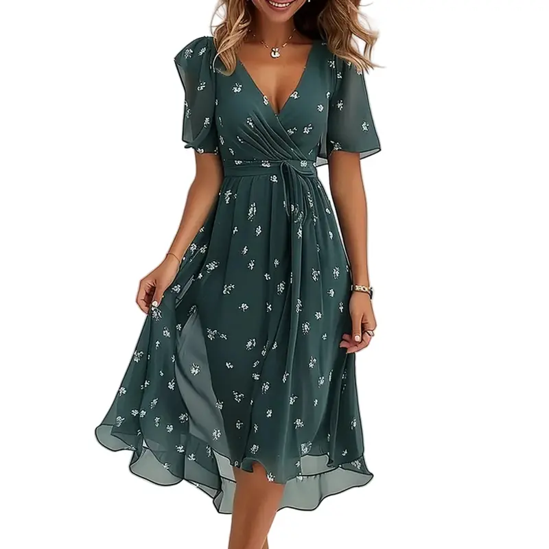 Blaues Damen Midikleid mit V-Ausschnitt & floralem Print | Flatterärmel, A-Linie | Leicht & atmungsaktiv | Für Sommer & Events