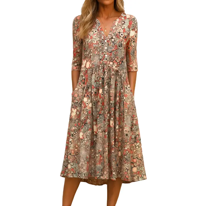 Blumenkleid Midilänge mit V-Ausschnitt & Knöpfen | 3/4-Ärmel, lockere Taille & Seitentaschen | elegant für Alltag & Anlass