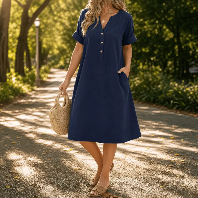 Boho Sommerkleid für Damen mit V-Ausschnitt & Taschen | Luftige A-Linie mit Knopfleiste | Knielang, weich & atmungsaktiv