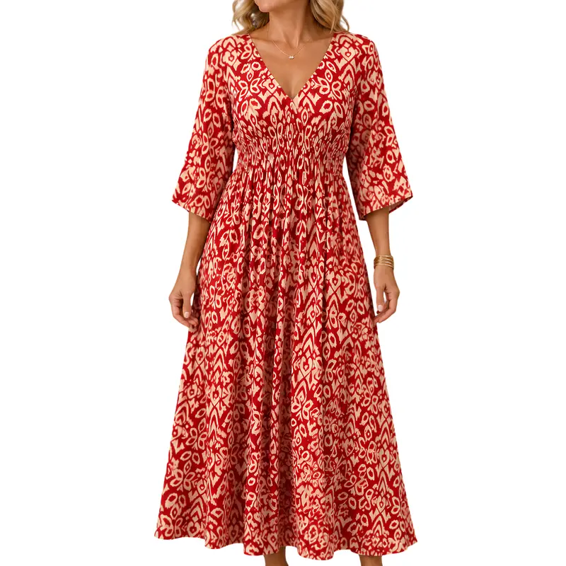 Boho Wickelkleid mit V-Ausschnitt | Taillenbetont & fließend, atmungsaktiv | Polyester-Baumwoll-Mix | Größen S–5XL