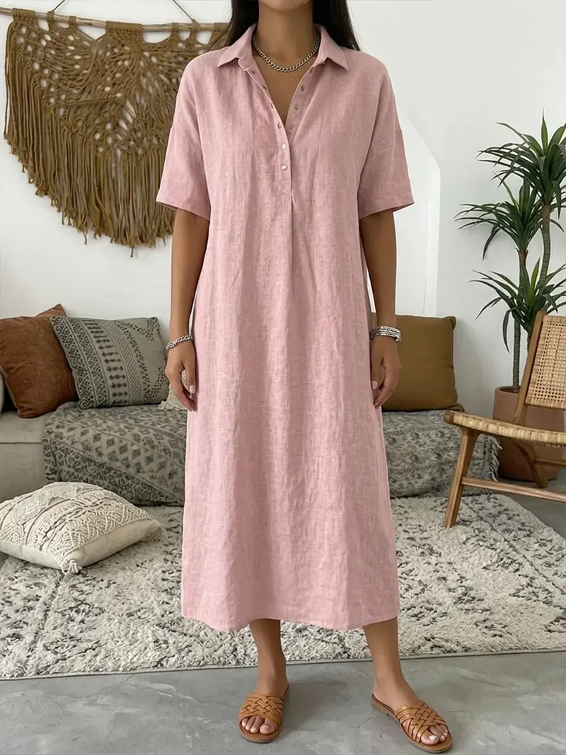 Calyra Midi-Kleid mit Polokragen | Leinen-Baumwoll-Mix, locker & atmungsaktiv | Sportlich-clean für Alltag & Reisen