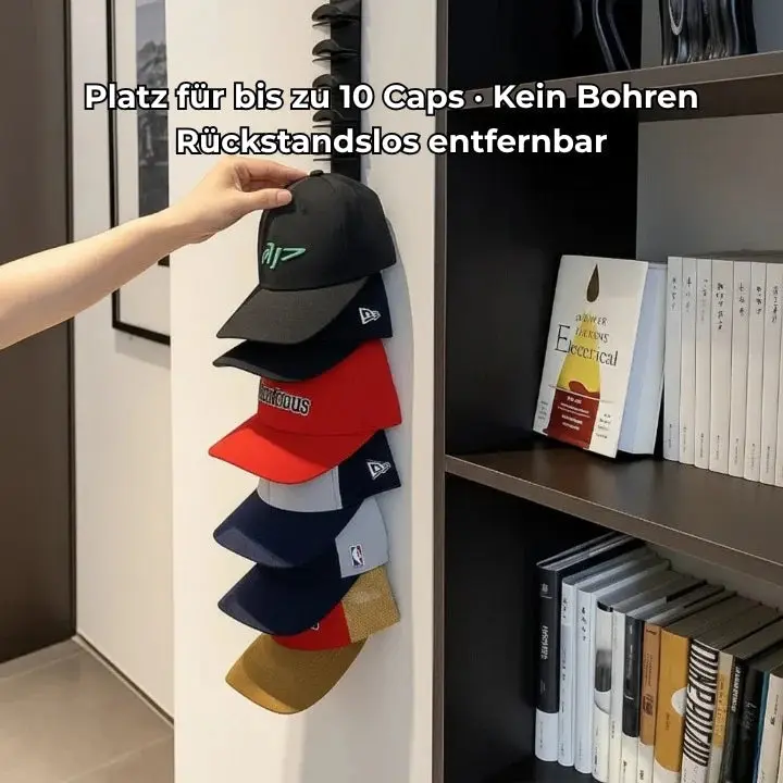 Cap Organizer Wandhalter für bis zu 10 Caps | Selbstklebender Kappenhalter ohne Bohren | Platzsparende Aufbewahrung | Schwarzes Design