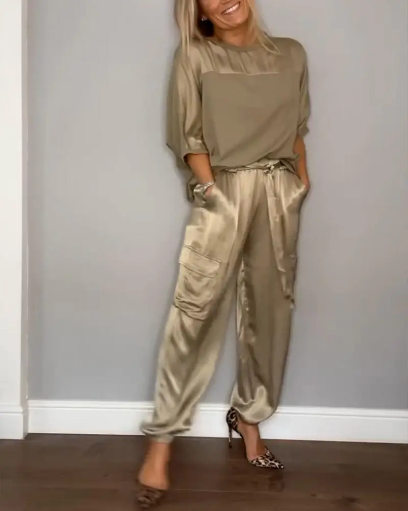 Damen 2-teiliges Set mit Halbarm | Elegantes Oberteil & Unterteil | Bequemer Look für Büro & Alltag