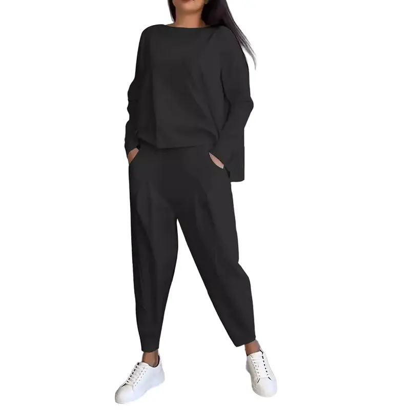 Damen 2-teiliges Set mit Rundhals-Longsleeve & Hose | Uni-Look, locker & bequem | Mit Taschen | S–3XL