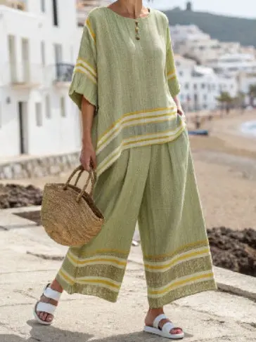 Damen 2-teiliges Sommer Set mit Fledermausärmeln | Lockeres Shirt & Gerade Hose | Lässiger Freizeit Look