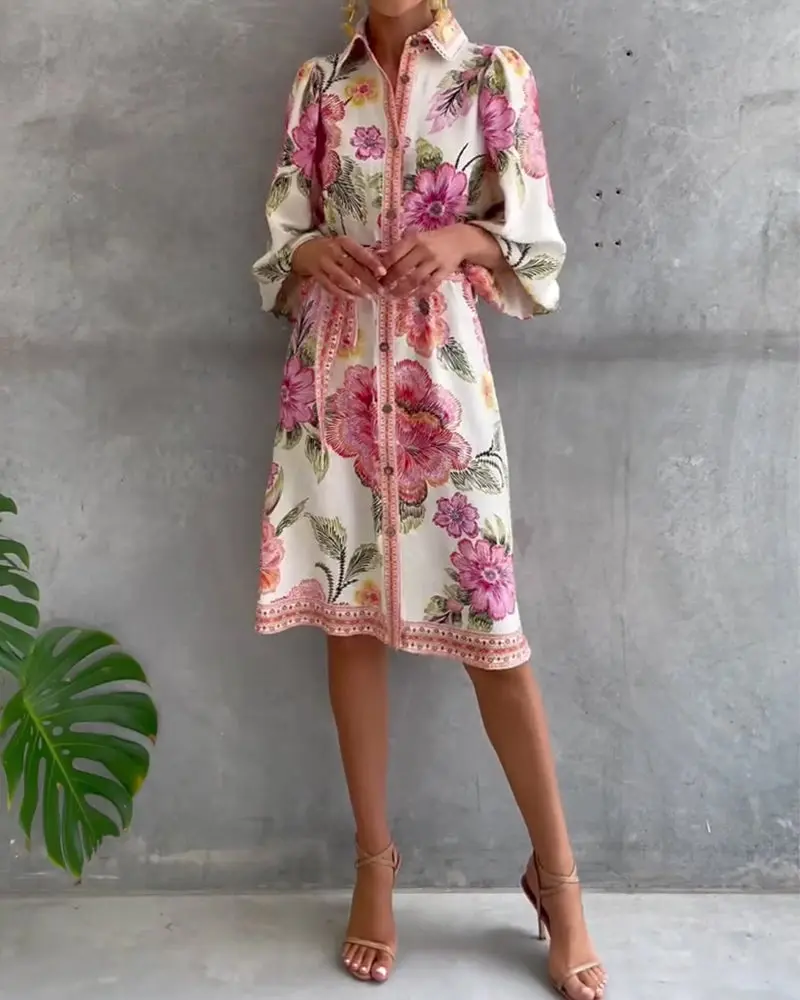 Damen A-Linien Kleid mit Print | Knielanges Kleid mit Reverskragen & Laternenärmeln | Elegant für Frühling & Sommer