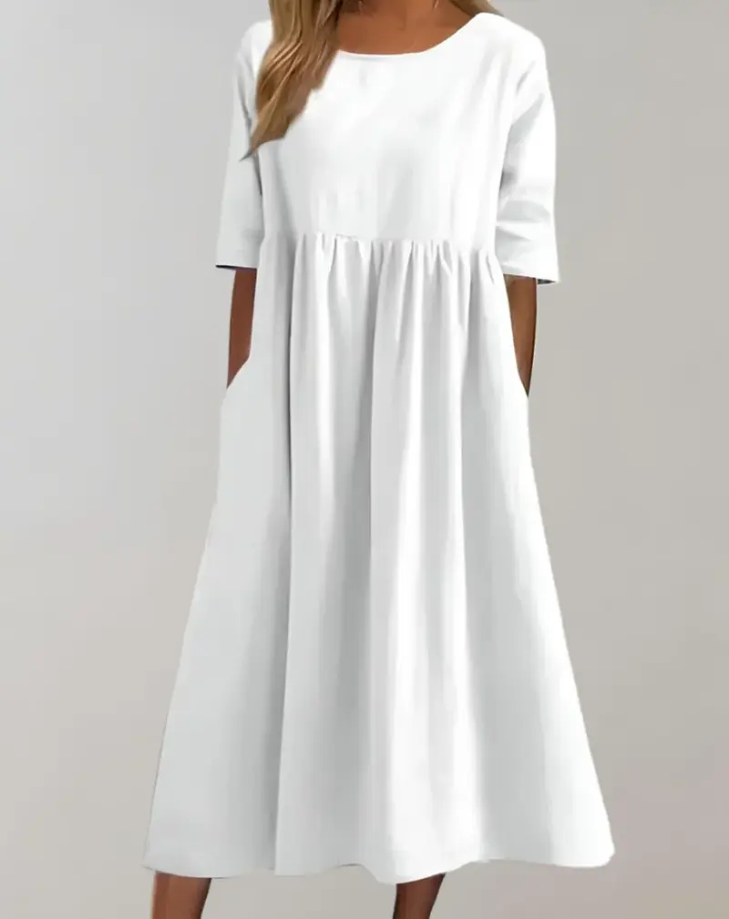 Damen Baumwollkleid mit geraffter Taille | locker & atmungsaktiv | mit Seitentaschen für Alltag, Sommer & Freizeit