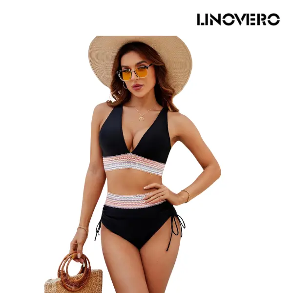 Damen Bikini Set High Waist mit Bauchkontrolle | Farbblock V-Ausschnitt & Push-up Cups | Verstellbare Träger | Moderate Bedeckung