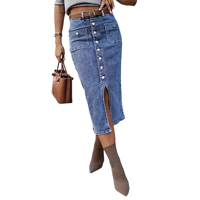 Damen Bleistiftrock High Waist | Vintage-Knopfleiste | Frontschlitz für Bewegungsfreiheit | Figurbetonte Stretch-Passform XS–2XL