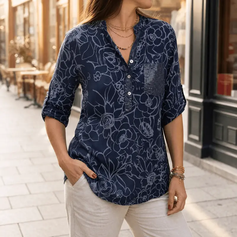 Damen Blumenbluse | Lockere Tunika mit Pailletten-Brusttasche, Henley-Ausschnitt und 3/4-Ärmeln