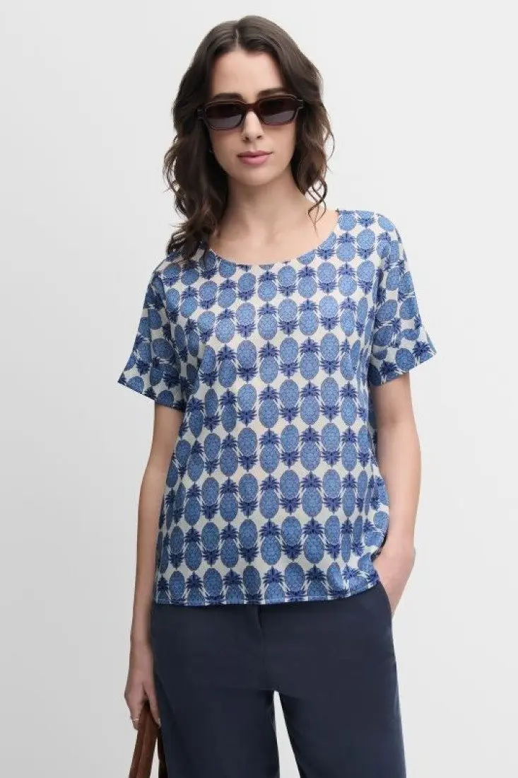 Damen Bluse | Kurz geschnittene Bluse mit Rundhalsausschnitt und markantem Allover-Print