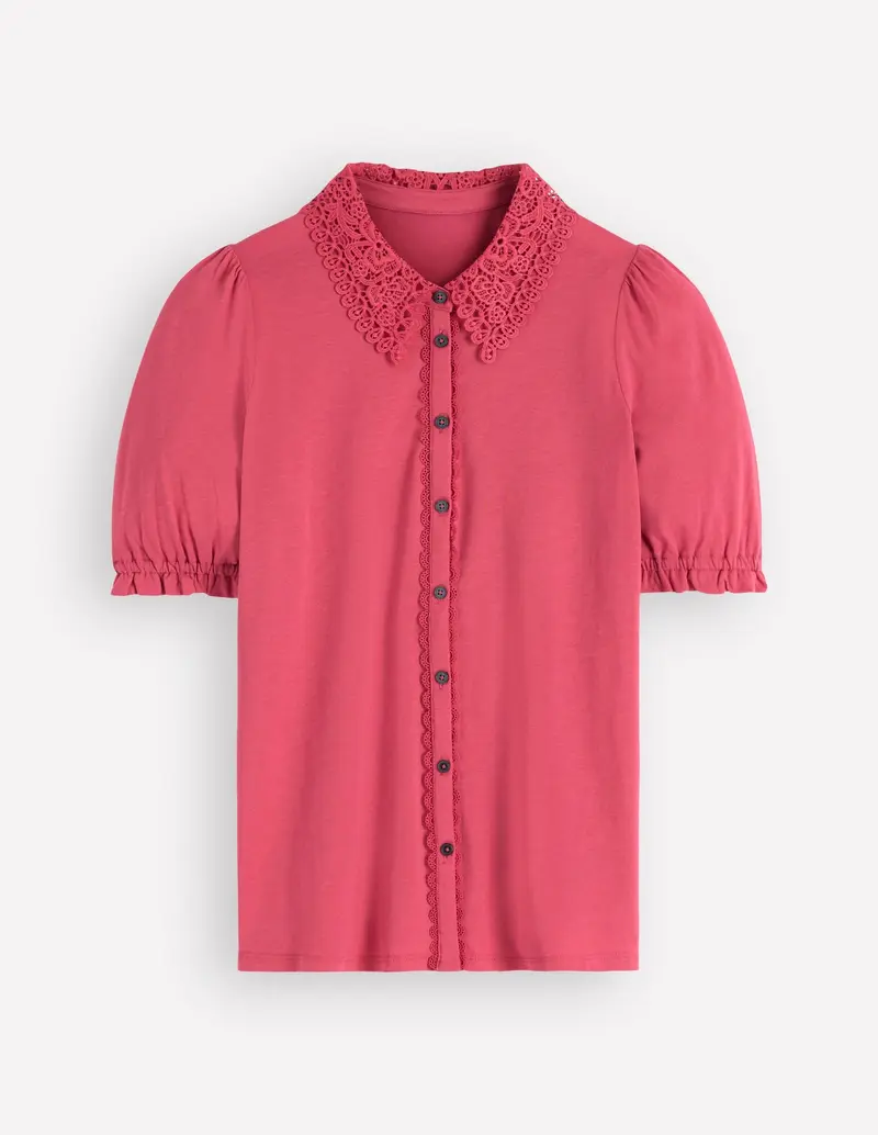 Damen Bluse | Leichte Bluse mit Broderie-Kragen und kurzen Puffärmeln
