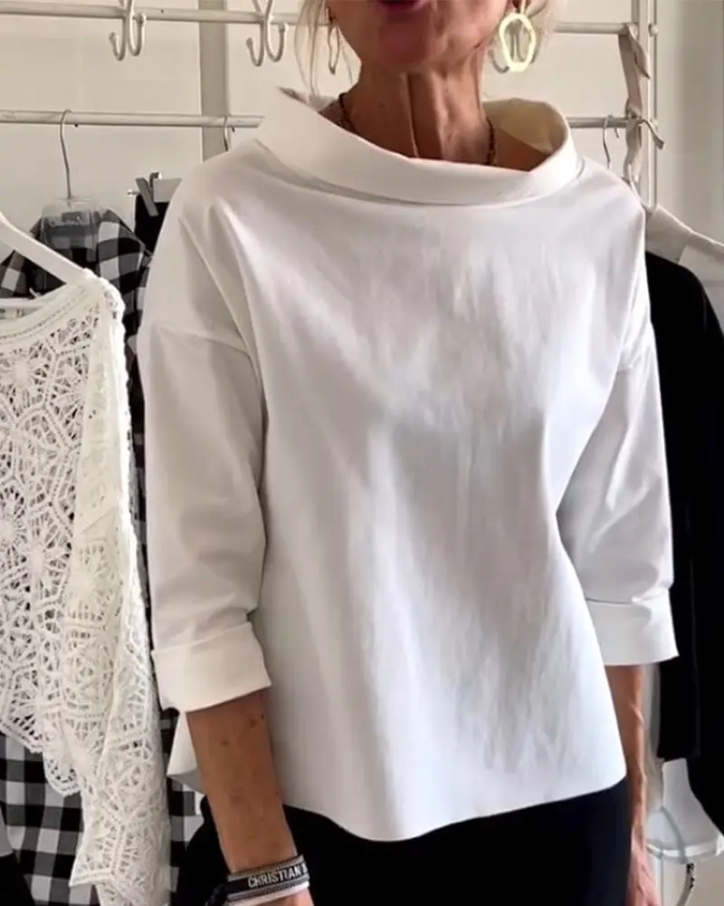 Damen Bluse mit weitem Reverskragen | Lässiges Oberteil mit 3/4-Ärmeln | Frühling bis Herbst