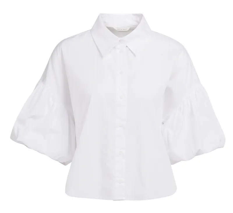 Damen Bluse | Oversize-Bluse mit kurzen Ballonärmeln, Kragen und Knopfleiste