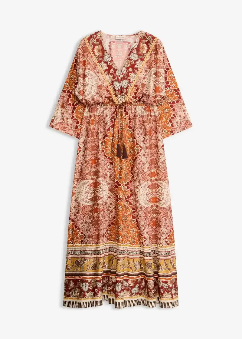 Damen Boho Maxikleid mit Ethno-Muster | Luftiges Sommerkleid mit 3/4-Ärmeln | Lockeres Freizeitkleid für Urlaub
