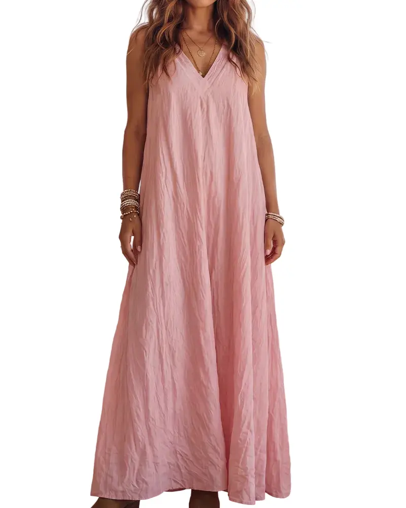 Damen Boho Maxikleid mit Halterneck & V-Ausschnitt | Fließendes Sommerkleid | Luftiger Freizeit- und Urlaubslook