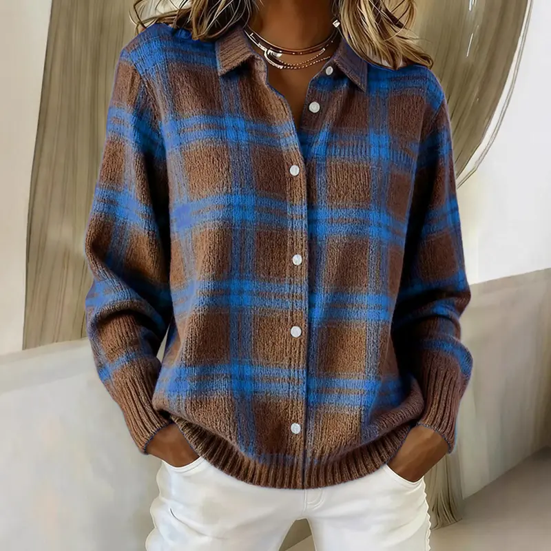 Damen Cardigan | Karomuster mit Knopfleiste & Hemdkragen für Herbst und Winter