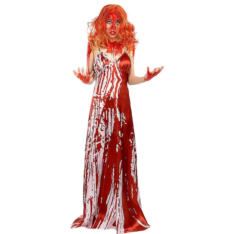 Damen Carrie Kostüm Rot Rosa | Langes Halloween Kleid mit Blutprint, V-Ausschnitt und Spaghettiträgern für Horrorparty