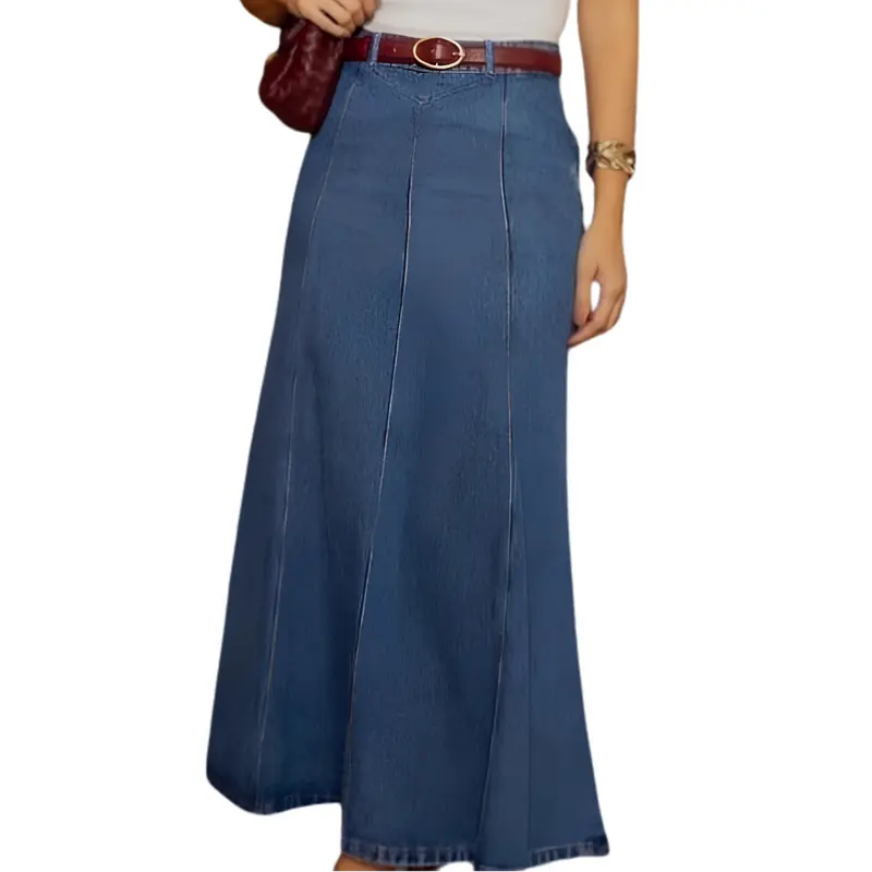 Damen Denim Maxirock High Waist in A-Linie | Formstabiler Baumwollmix, wenig Stretch | Vertikale Nähte für schlanke Optik | Blau S–2XL