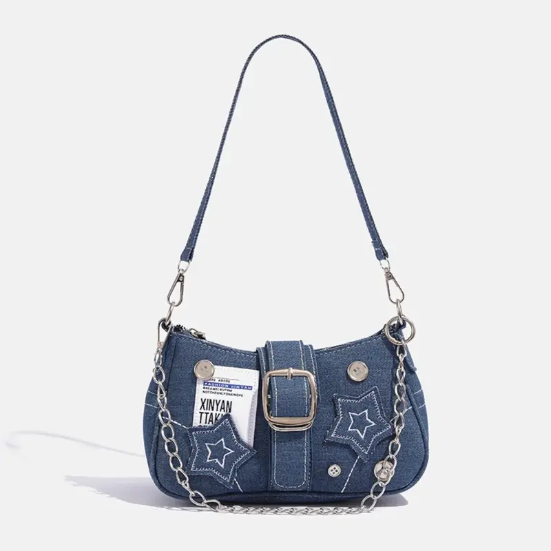 Damen Denim-Unterarmtasche mit Sternstickerei | Schwarze Schultertasche mit Kettenriemen | Streetstyle-Bag