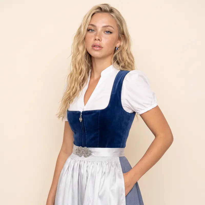 Damen Dirndl | 2-teiliges Midi Trachtenkleid mit Samtmieder, Reißverschluss und Schürze mit Schließe