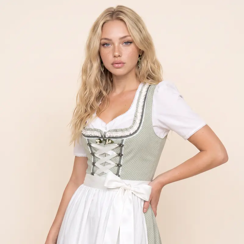 Damen Dirndl | 2-teiliges Trachtenkleid mit Schnürmieder, Reißverschluss und Doppelschürze