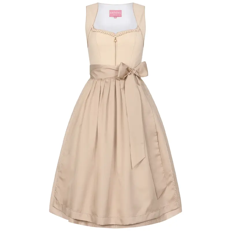 Damen Dirndl Beige | Midi Trachtenkleid mit Frontreißverschluss, Schürze und 70 cm Rocklänge