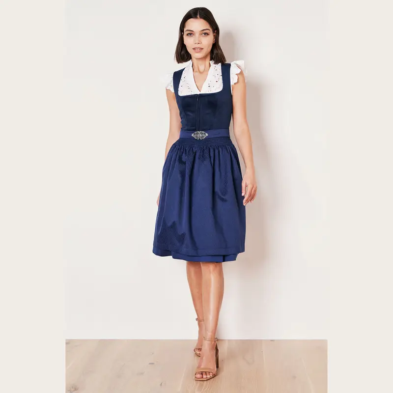 Damen Dirndl Blau | Midi Samtdirndl mit Balkonett-Ausschnitt, Reißverschluss und 60 cm Rocklänge