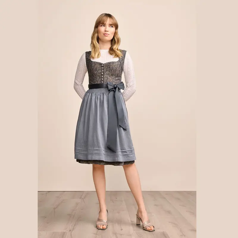 Damen Dirndl Blau | Midi Trachtenkleid mit Herzausschnitt, Kugelknöpfen und 60 cm Rocklänge