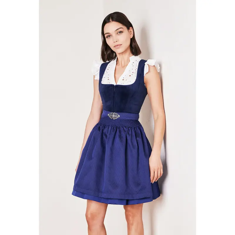 Damen Dirndl Dunkelblau | Kurzes Samtdirndl mit Balkonett-Ausschnitt, Schürzenschließe und 50 cm Rocklänge