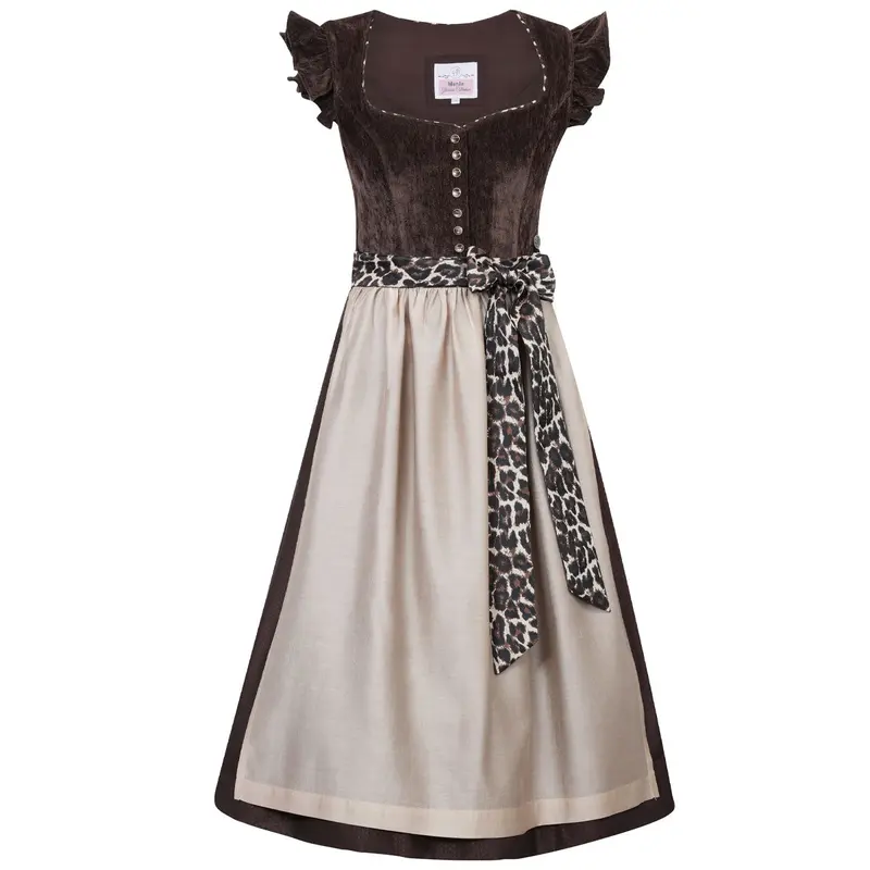 Damen Dirndl Espresso Braun | Midi Samtdirndl mit abnehmbaren Flügelärmeln, Leo-Schleife und 70 cm Rocklänge