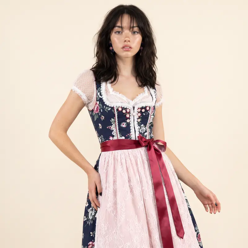 Damen Dirndl | Florales Trachtenkleid mit Spitzenmieder, Herz-Ausschnitt und transparenter Schürze
