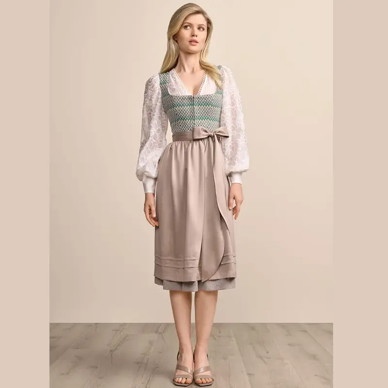 Damen Dirndl Grün | Midi Trachtenkleid mit geradem Ausschnitt, Reißverschluss und 70 cm Rocklänge