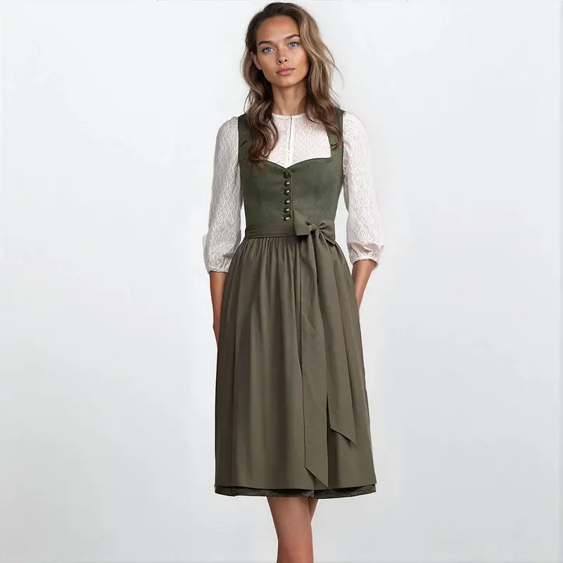 Damen Dirndl Grün | Midi Trachtenkleid mit Herzausschnitt, Miederschnürung und 70 cm Rocklänge