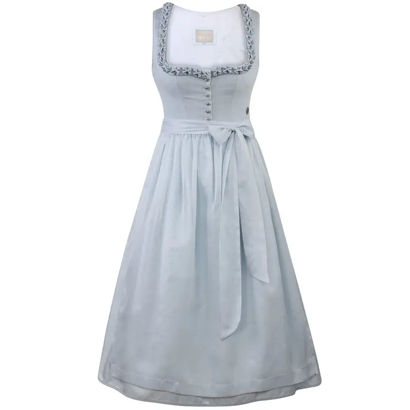 Damen Dirndl Hellblau | Midi Trachtenkleid mit Knopfleiste, Froschgoscherl-Borte und 70 cm Rocklänge