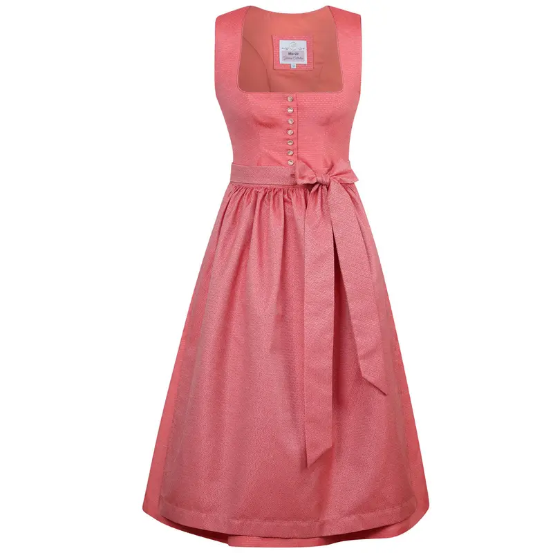 Damen Dirndl Koralle | Midi Trachtenkleid mit Knopfleiste, eckigem Ausschnitt und 70 cm Rocklänge