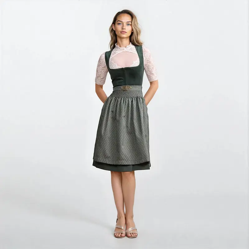 Damen Dirndl | Midi Samtdirndl mit Balkonett-Ausschnitt, Schürzenschließe und 60 cm Rocklänge