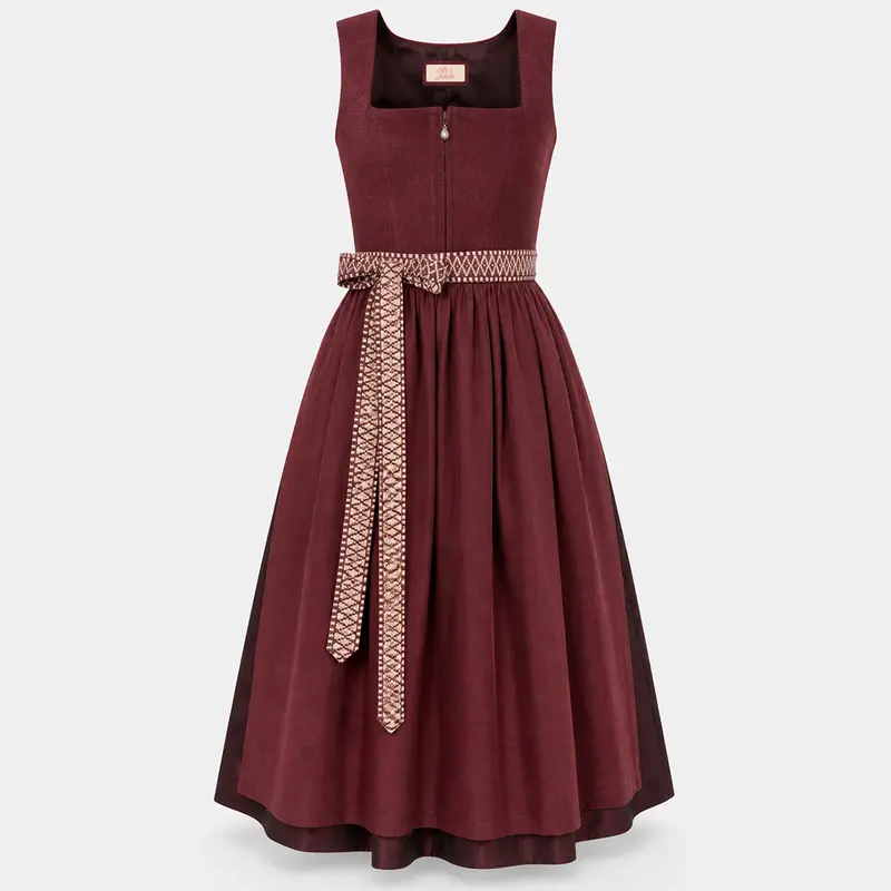 Damen Dirndl | Midi Trachtenkleid mit Perlen-Reißverschluss, gemusterter Schürze und 70 cm Rocklänge