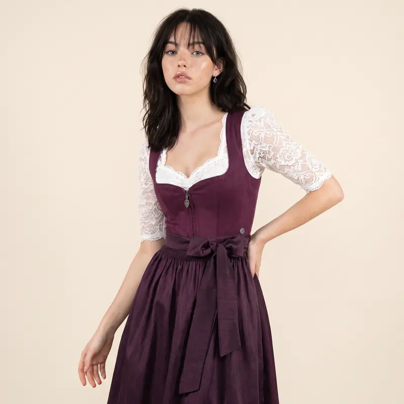 Damen Dirndl | Midi Trachtenkleid mit samtigem Mieder, Reißverschluss und strukturierter Schürze