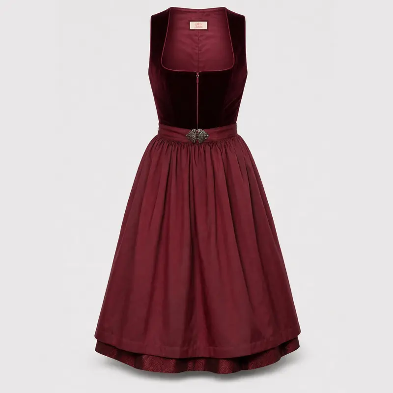 Damen Dirndl | Midi Trachtenkleid mit Samtmieder, Reißverschluss und 70 cm Rocklänge
