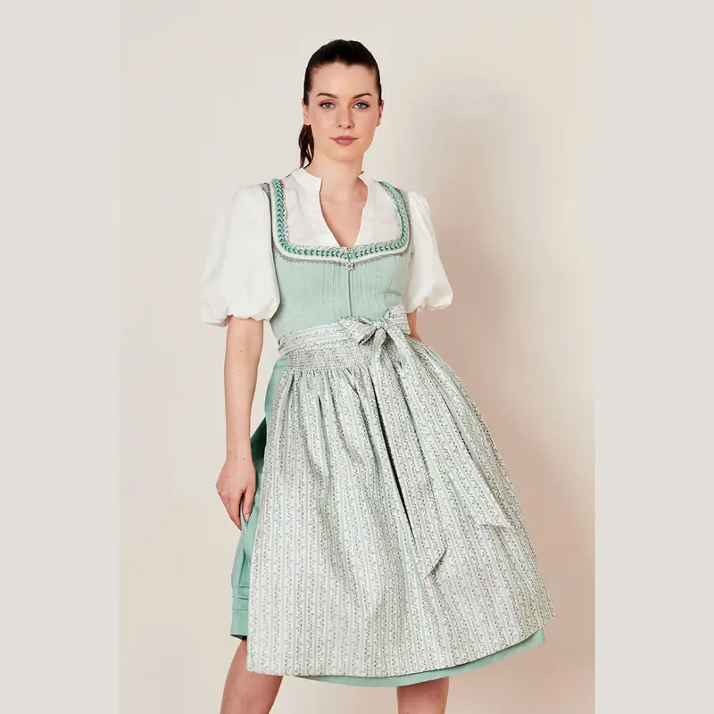 Damen Dirndl Mintgrün | Midi Trachtenkleid mit Froschgoscherl, Miederschnürung und 70 cm Rocklänge