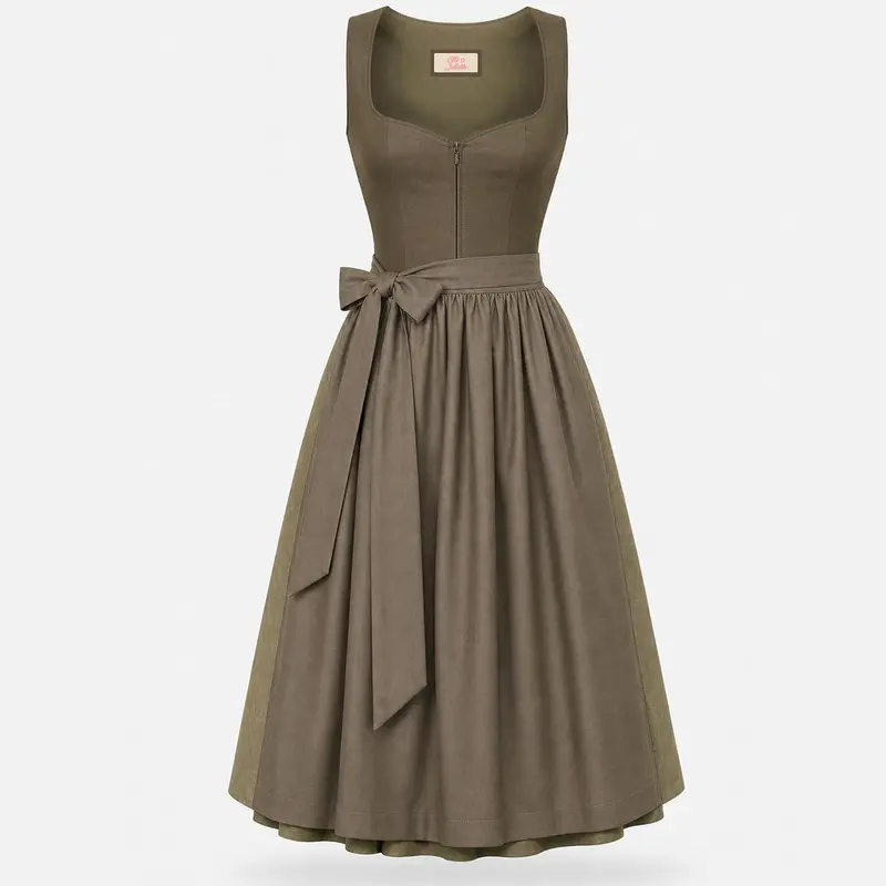 Damen Dirndl Olivgrün | Midi Trachtenkleid in Leinenoptik mit Reißverschluss und 70 cm Rocklänge